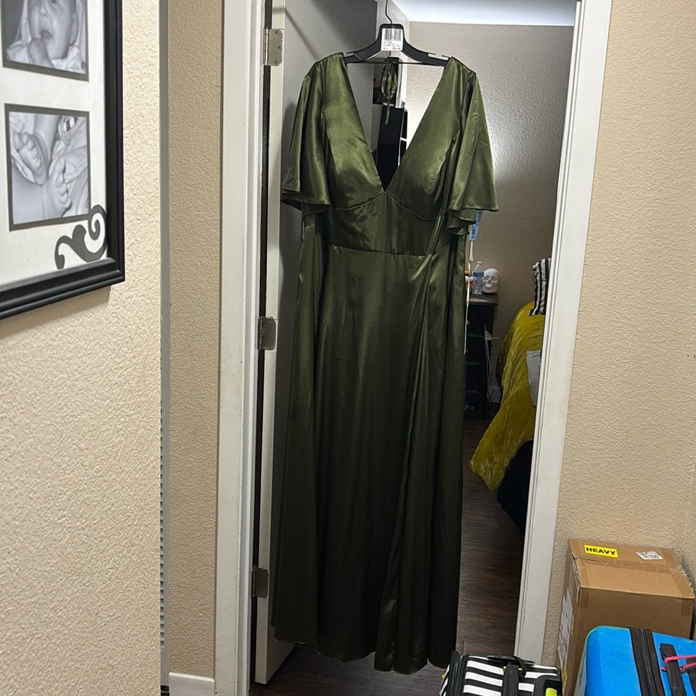 Beautiful, long silk olive green dress